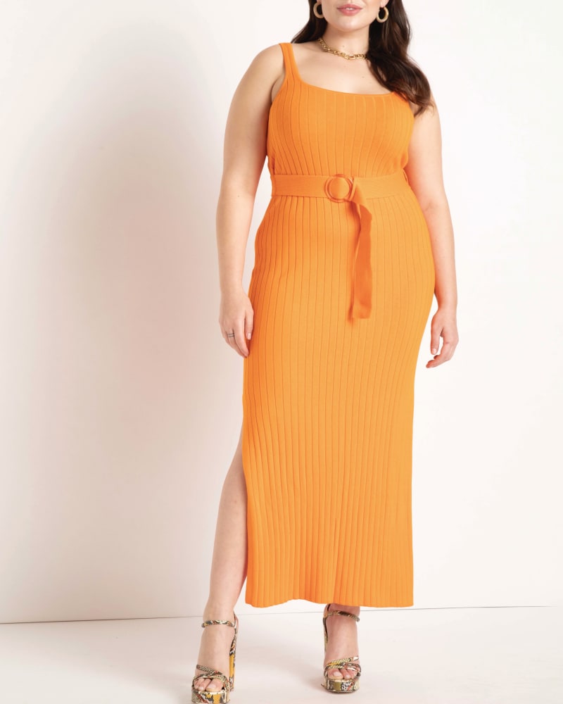 Front of a model wearing a size 14/16 Knitted Rib Maxi Dress With Belt in Russet Orange by ELOQUII. | dia_product_style_image_id:206609